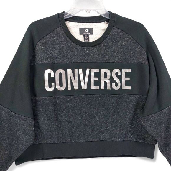 Converse Women’s XL Black Gray Metallic Logo Sweatshirt Fleece Lined Pullover - Picture 1 of 11